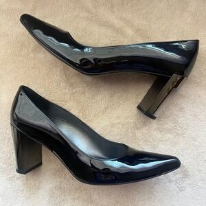 Stuart Weitzman Black Patent Leather Pointed Toe Translucent Block Heel Women 10